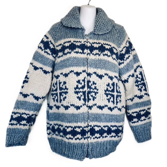 Cowichan Hand Knit Wool Cardigan Sweater Blue/Cream Snowflake Pattern Vintage - Picture 1 of 8